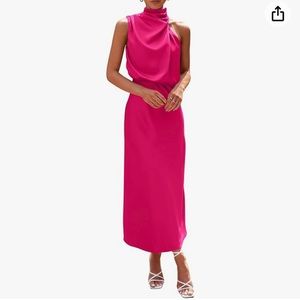 PRETTYGARDEN Women's Satin Pink Dress Sleeveless Mock Neck Maxi Dresses Size XL